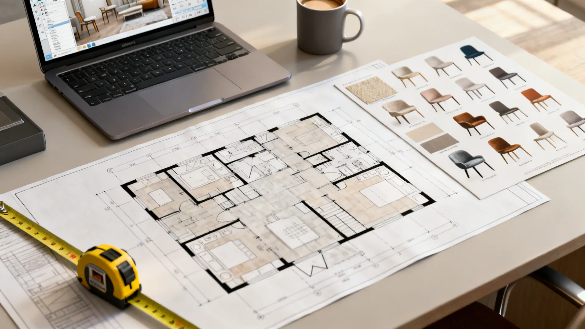 Top-down view of a room-planning workflow with plans, laptop, and measuring tape