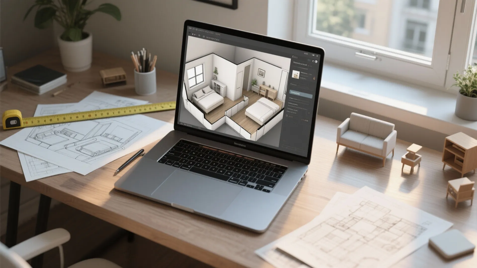 Laptop on wooden desk showing 3D bedroom floor plan with paper sketches and measuring tape