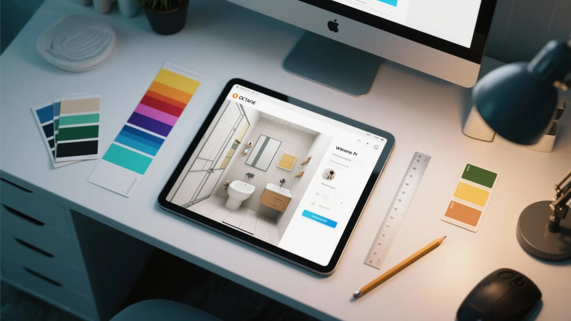 Interior design drawing on a tablet placed on a desk with color swatches and computer