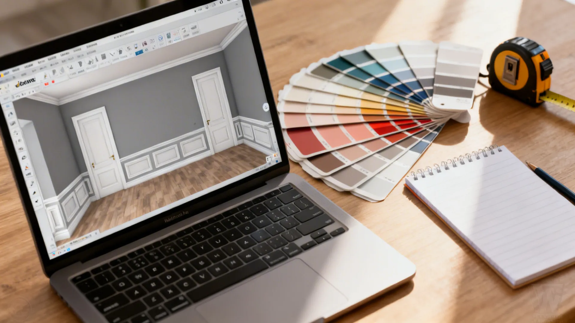 Workspace with laptop showing a room planner and paint swatches for choosing grey and white trim