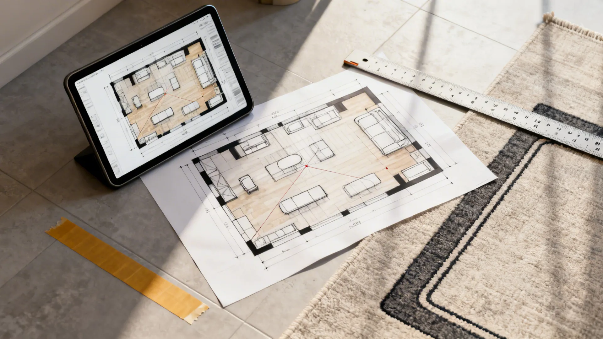 Top-down view of room planning tools: tablet with planner, paper floorplan, tape outlines and a scale ruler.