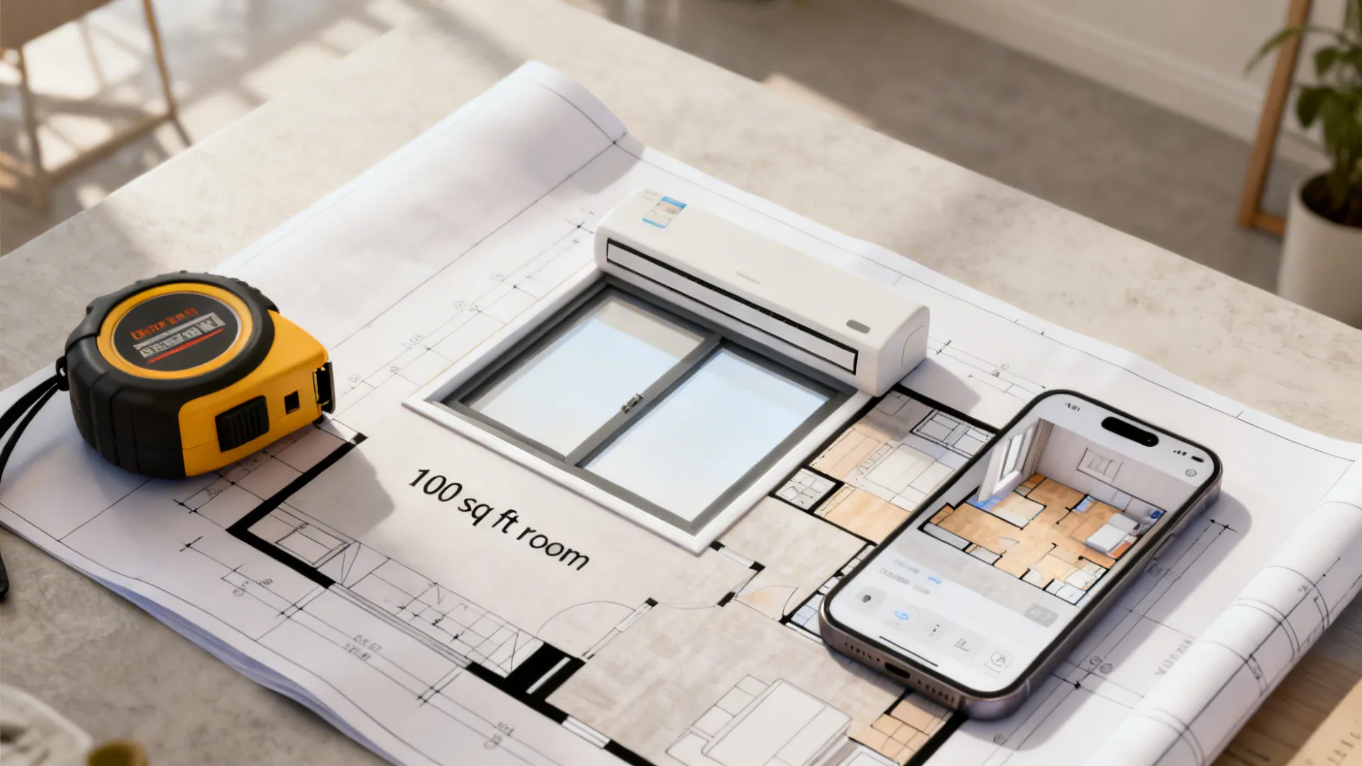 Top-down view of a small room planning kit with a floor plan, tape measure, and a window AC placement mockup.