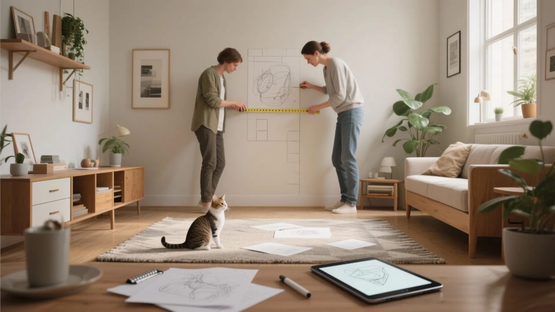 Two people measuring white wall with yellow tape for room planning in modern living room interior