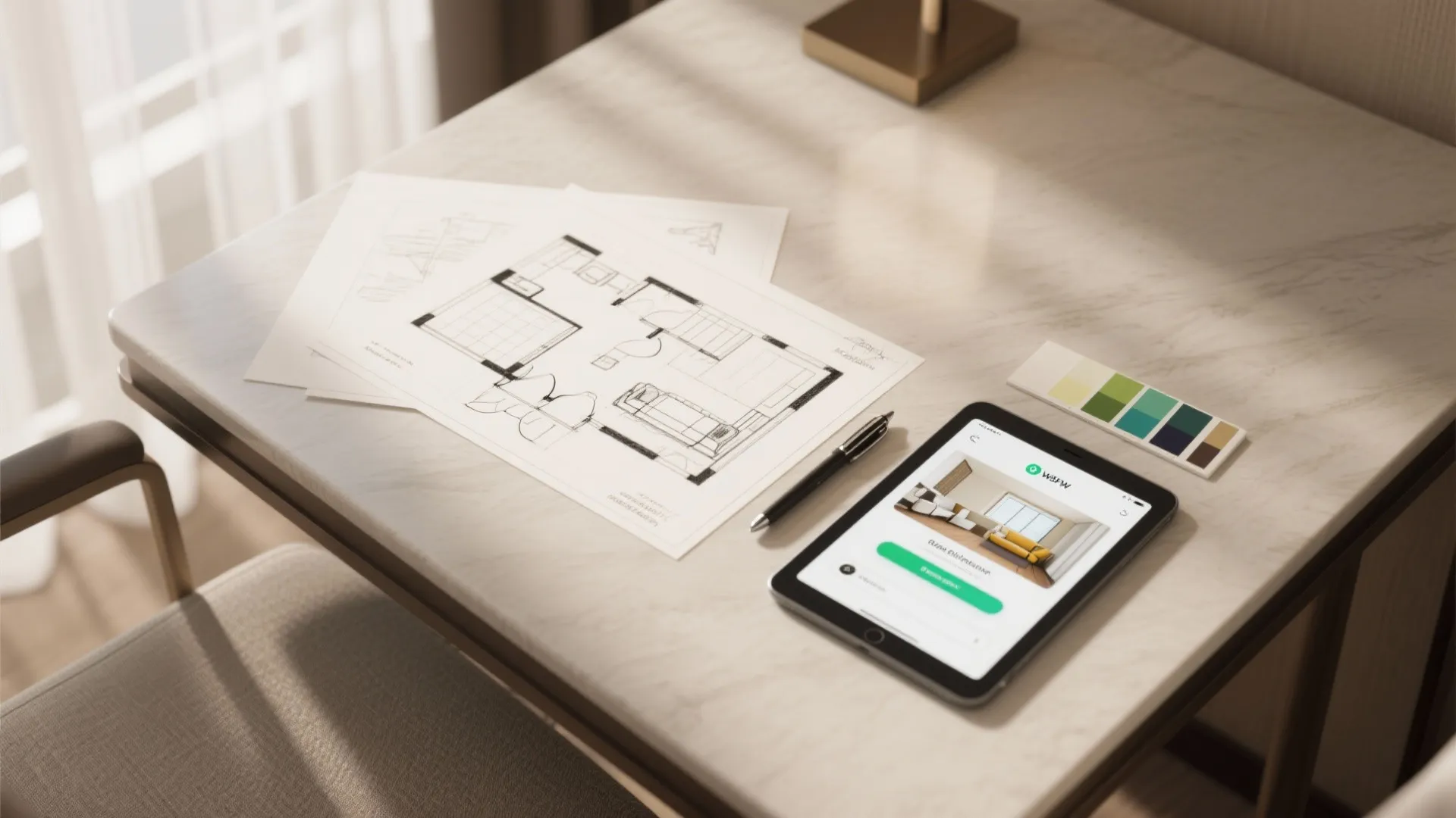 Flatlay of floor plan sketches and a room-planning tablet used to compare suite layouts before booking.