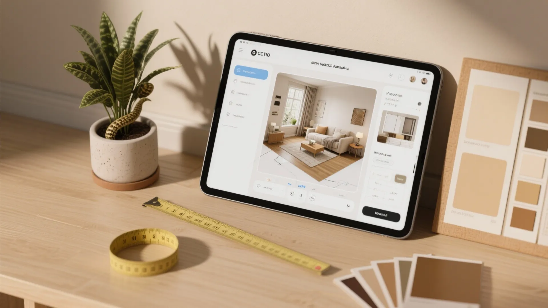 Tablet showing interior design drawing with measuring tape, color samples, and potted plant on desk