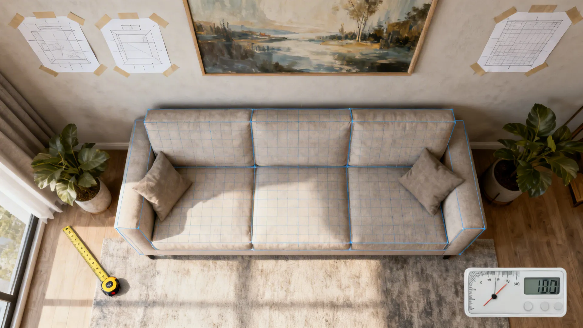 Top view of a beige sofa with blue grid lines for room layout and furniture planning