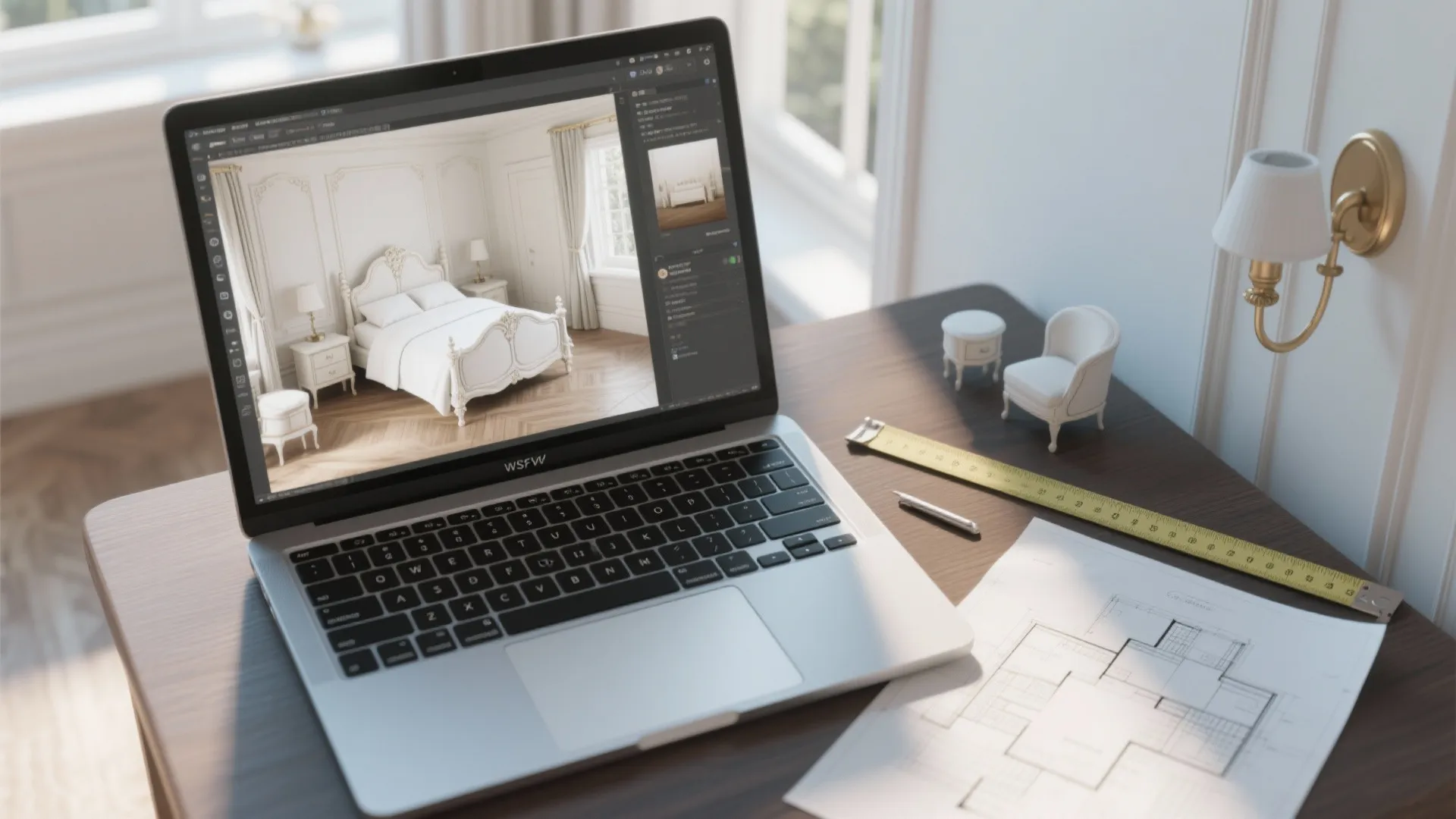 Top-down view of a digital room layout and planning tools for an antique white bedroom