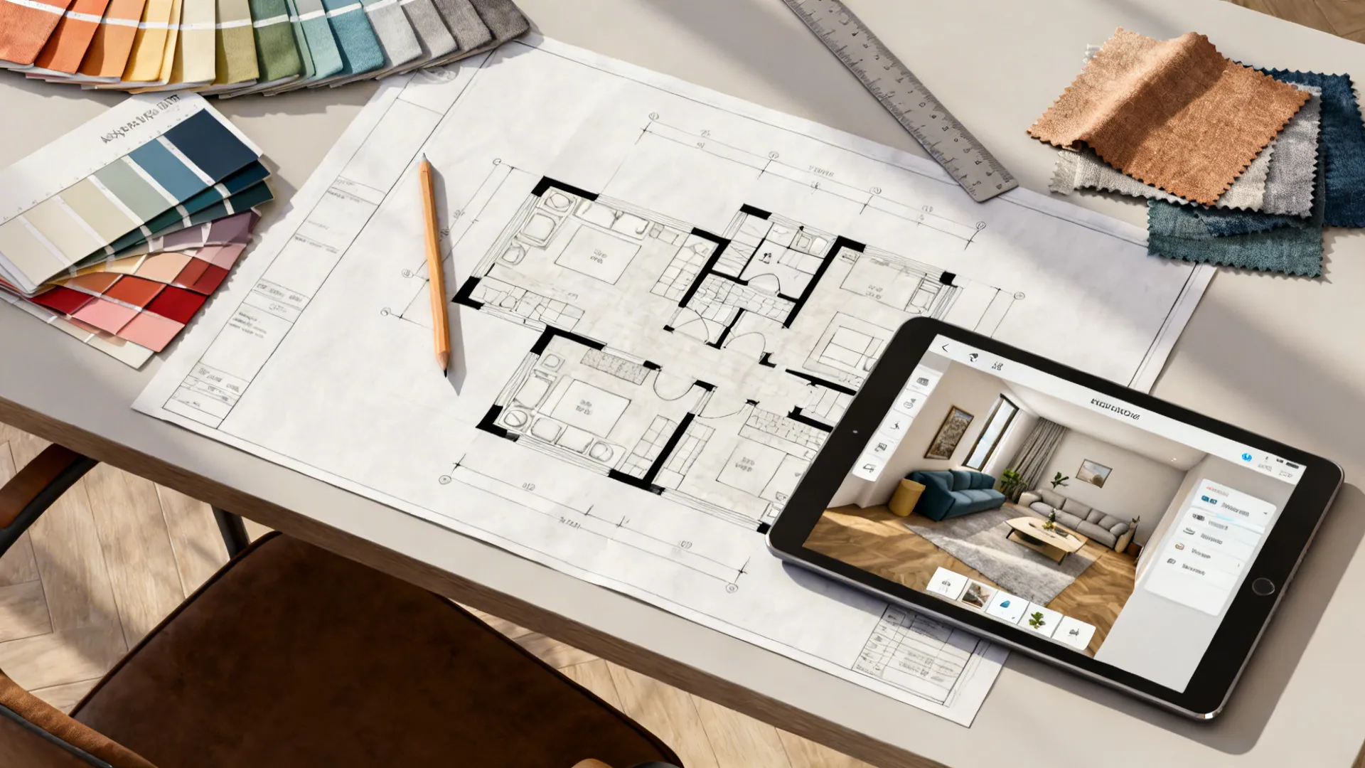 Top-down workspace with floor plan, fabric swatches and a tablet showing a 3D planner