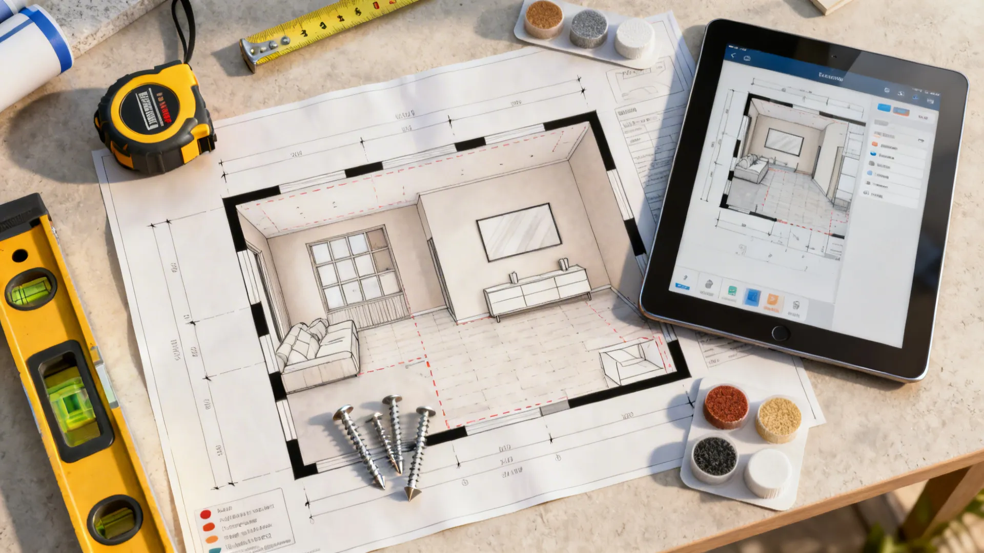 Top-down layout of room-planning tools including tape measure, level, anchors and a planning app