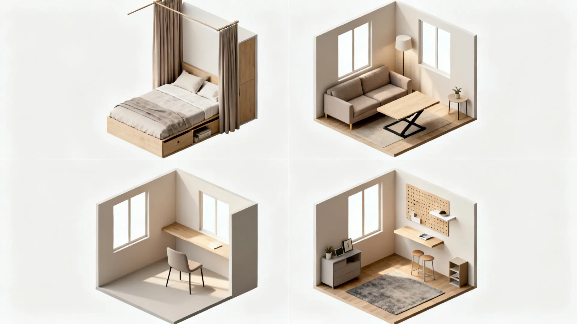 Top-down mini layouts of bedroom, living room, office nook, and studio zoning ideas.
