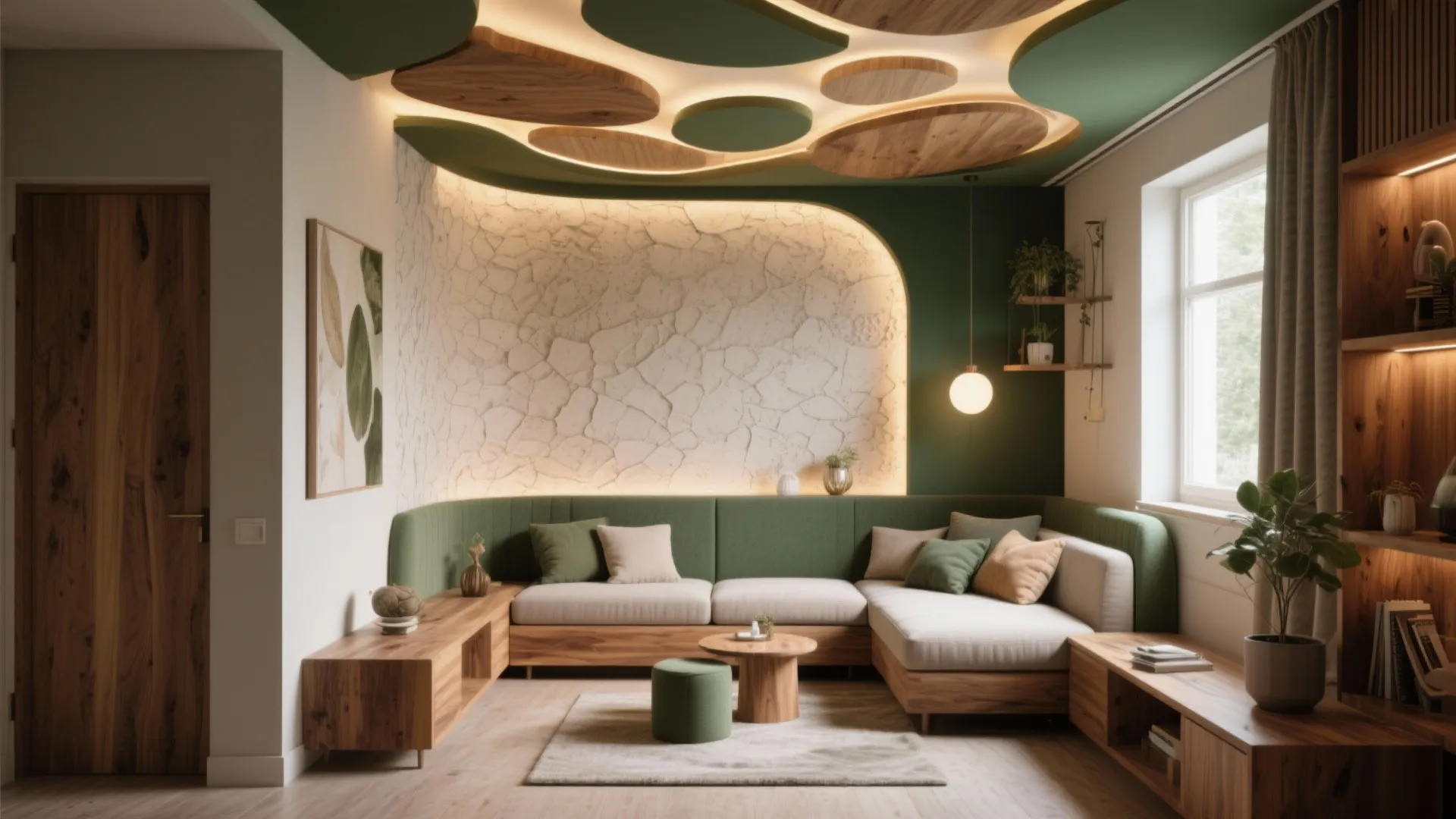 Modern living room with green corner sofa stone wall panel and unique circular ceiling lights
