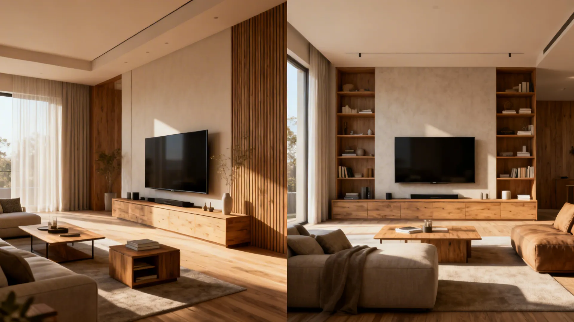 Side-by-side comparison of long narrow and square living rooms with appropriately sized TVs and balanced furnishings.