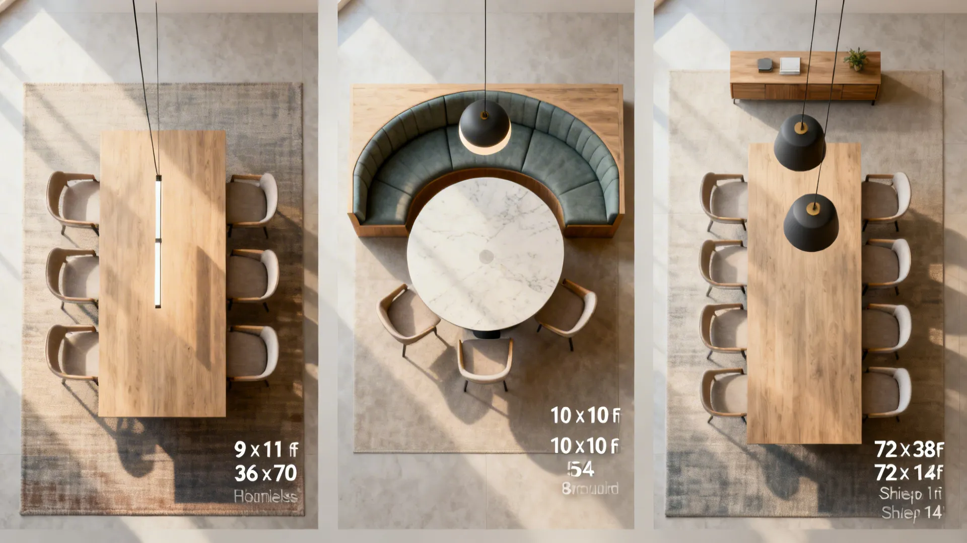 Three top-down room recipes for six-seat dining: compact rectangle, round with banquette, and open-plan layout.