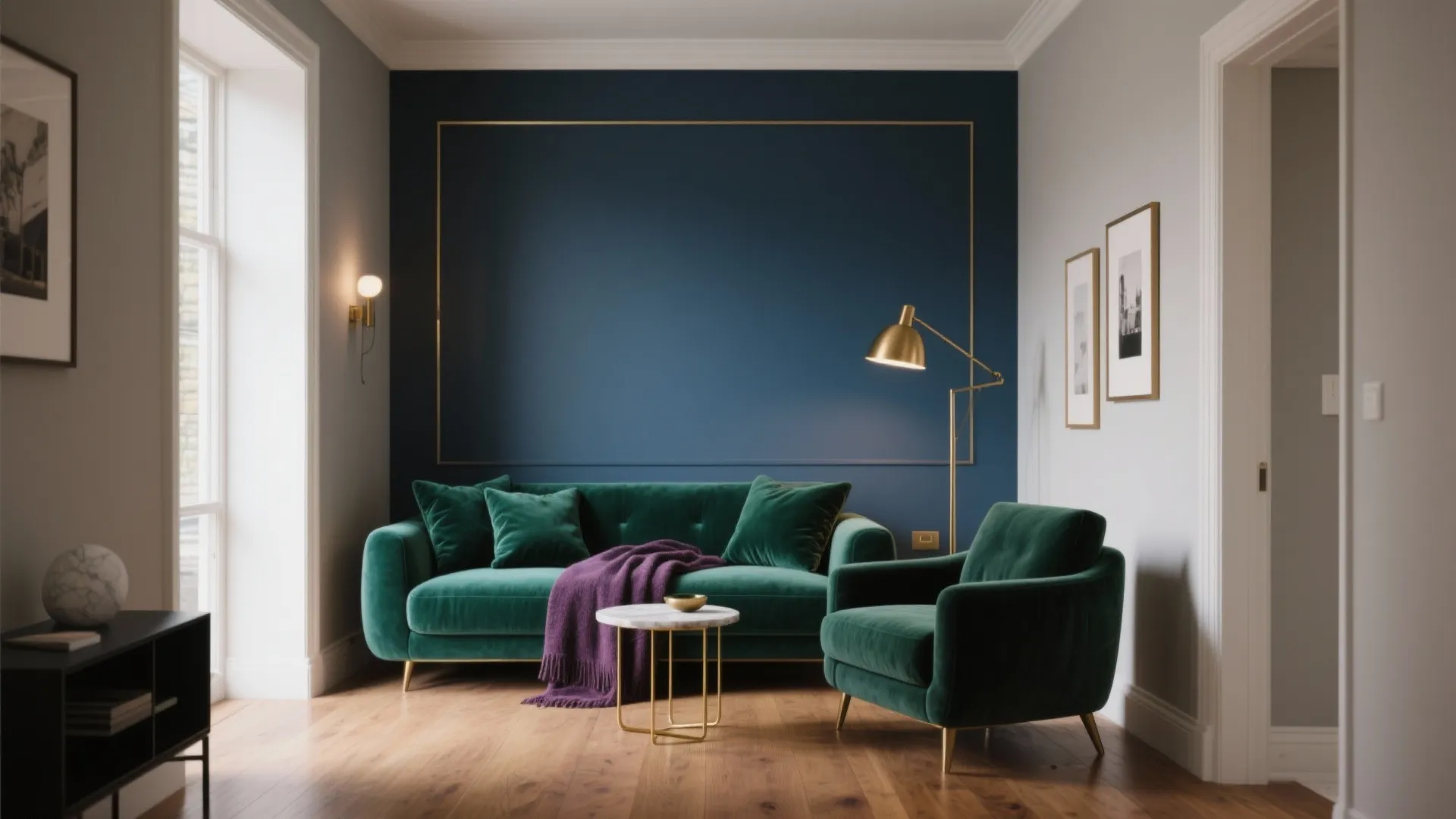 Modern living room with blue wall, green velvet sofa, chair, gold lamp, and wooden floor