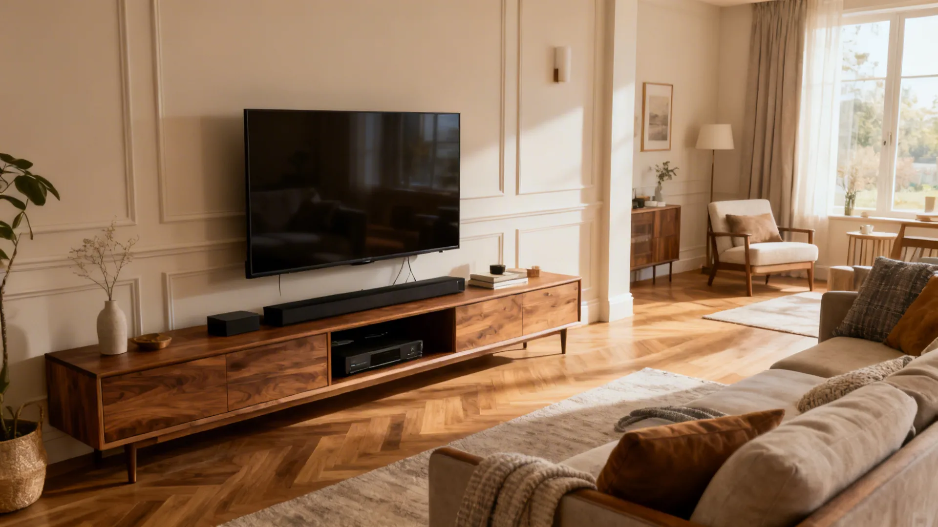 Living room showing balanced TV scale with low console and clear sight lines.