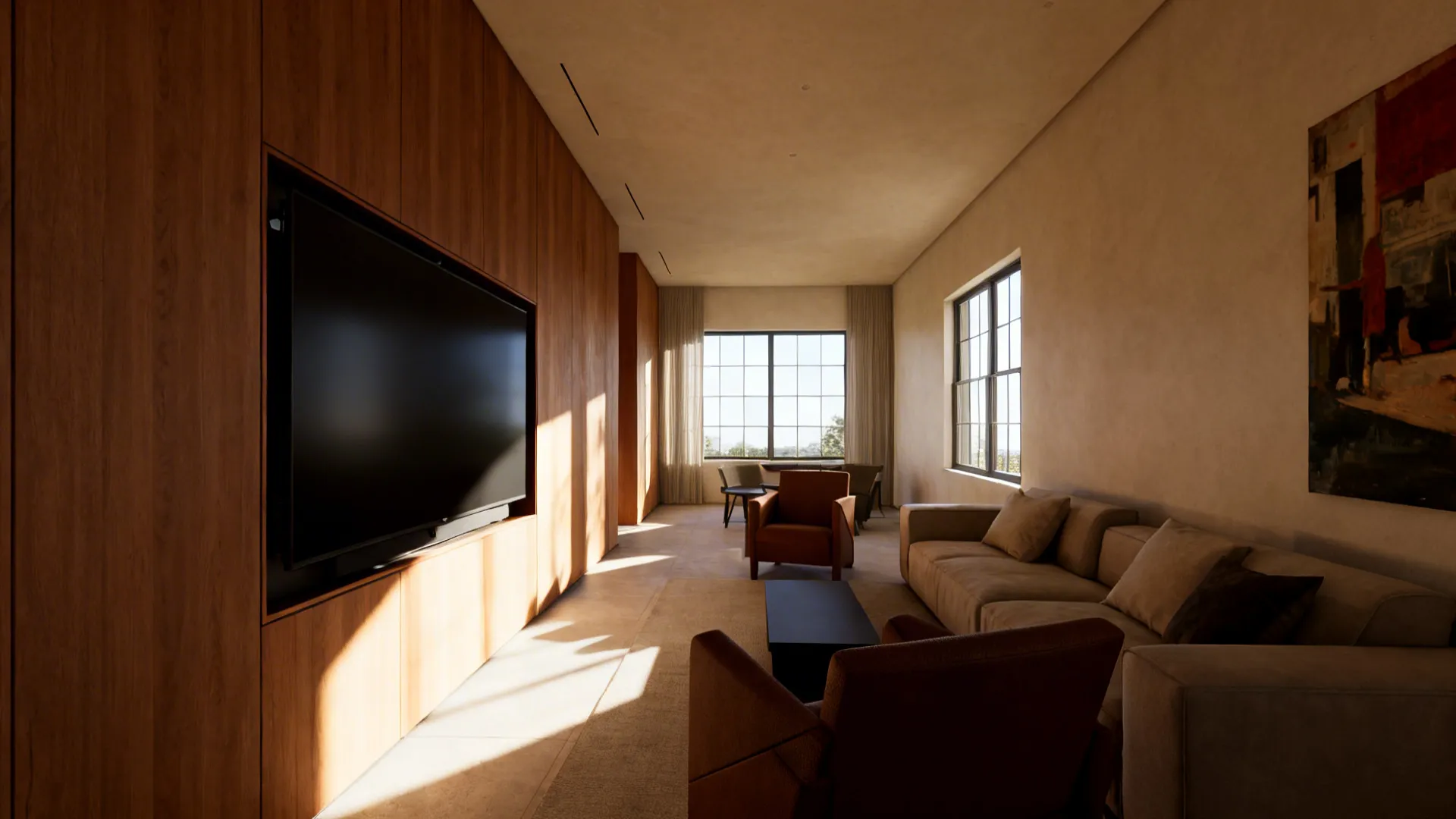 Long narrow living room showing TV placement, seating angles, and a swivel mount to improve sightlines.