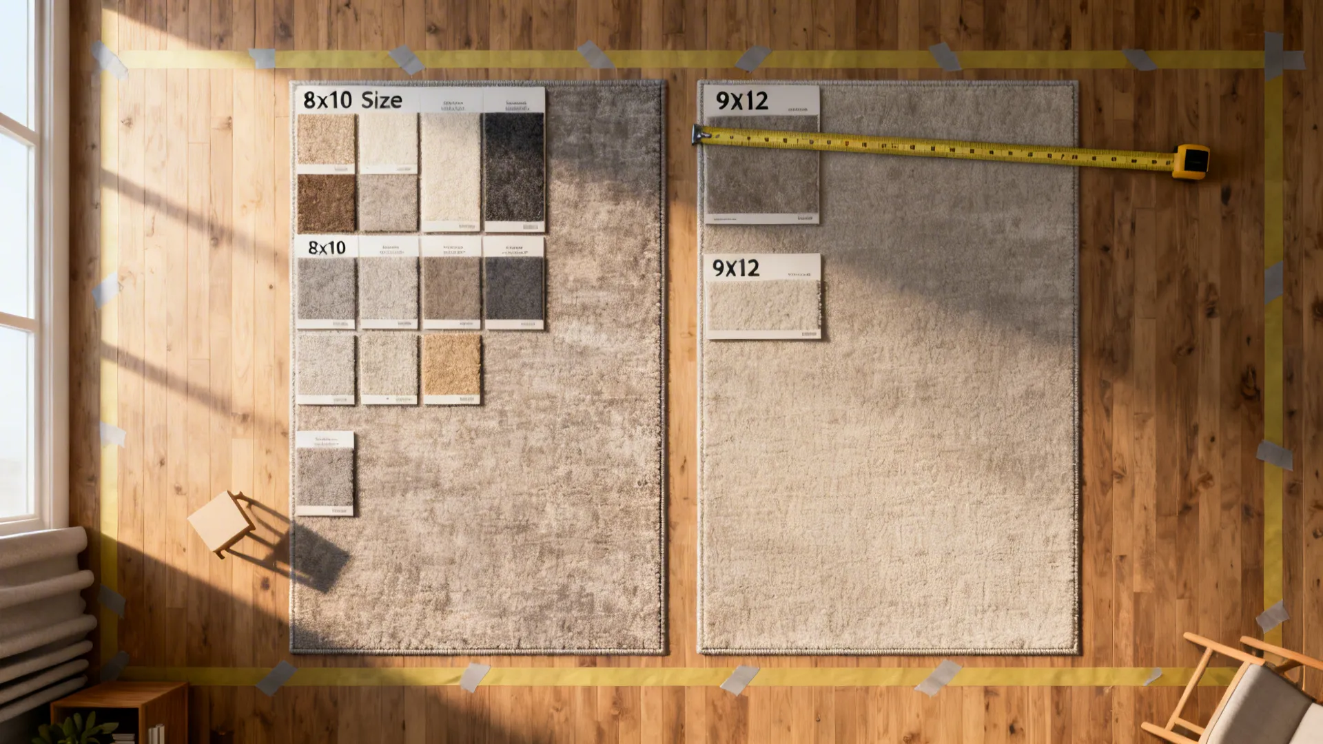 Top-down flatlay of rug size samples, measuring tape, and painter's tape showing consistent floor borders.