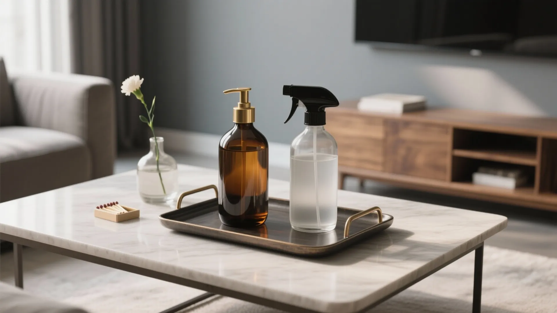 Modern living room coffee table with glass spray bottles, metal tray, flower, and wooden cabinet
