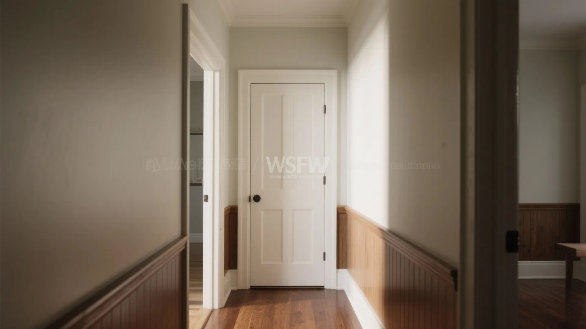 Empty hallway with white door wooden wall panel light grey walls and dark wood floor