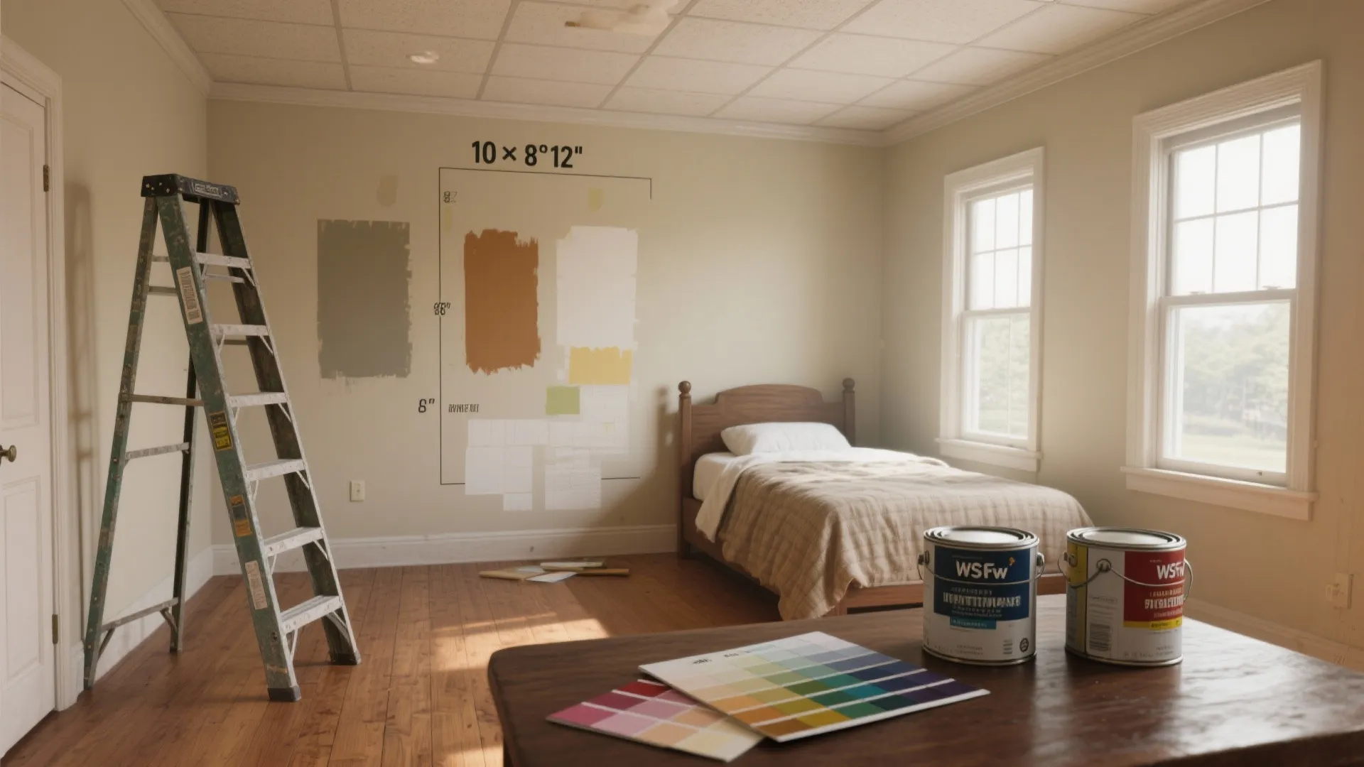 Bedroom interior with green ladder paint cans color samples and swatches for wall renovation project