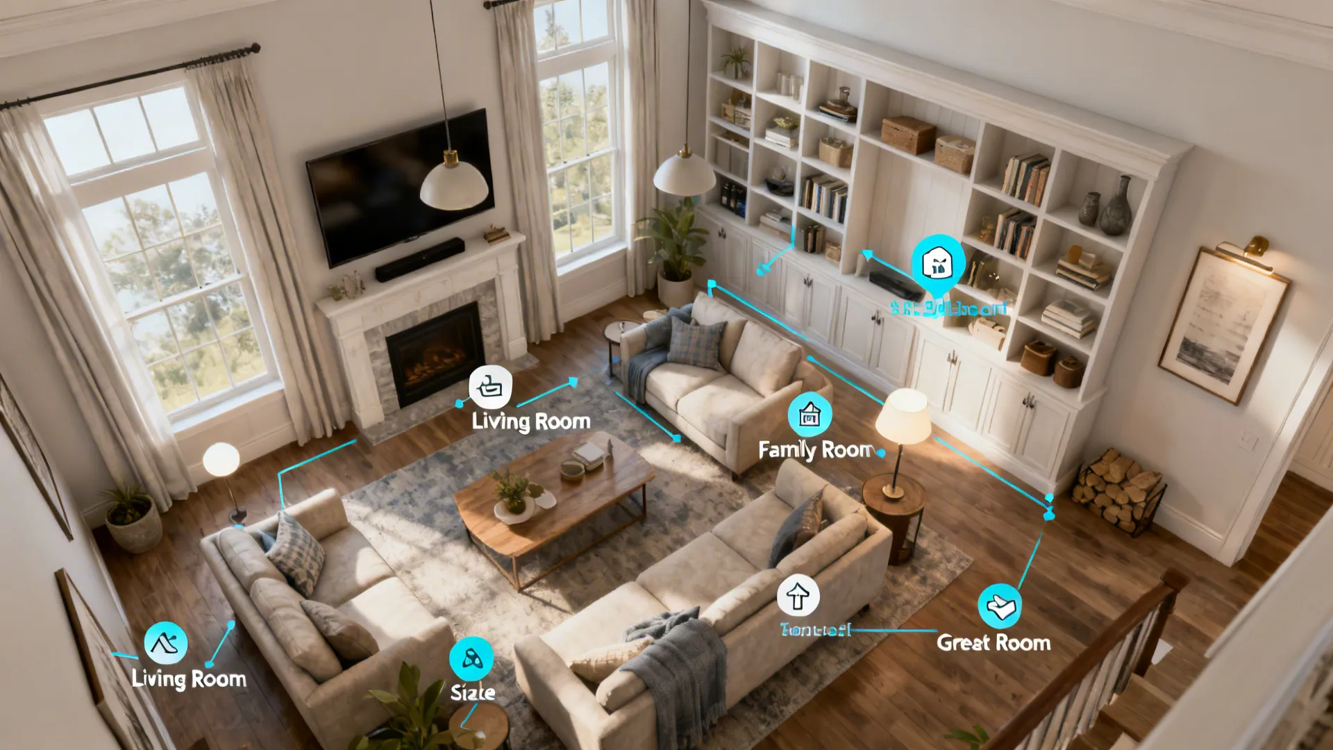 Top-down infographic view showing living room, family room and great room zones with icons for furniture, TV placement and storage.