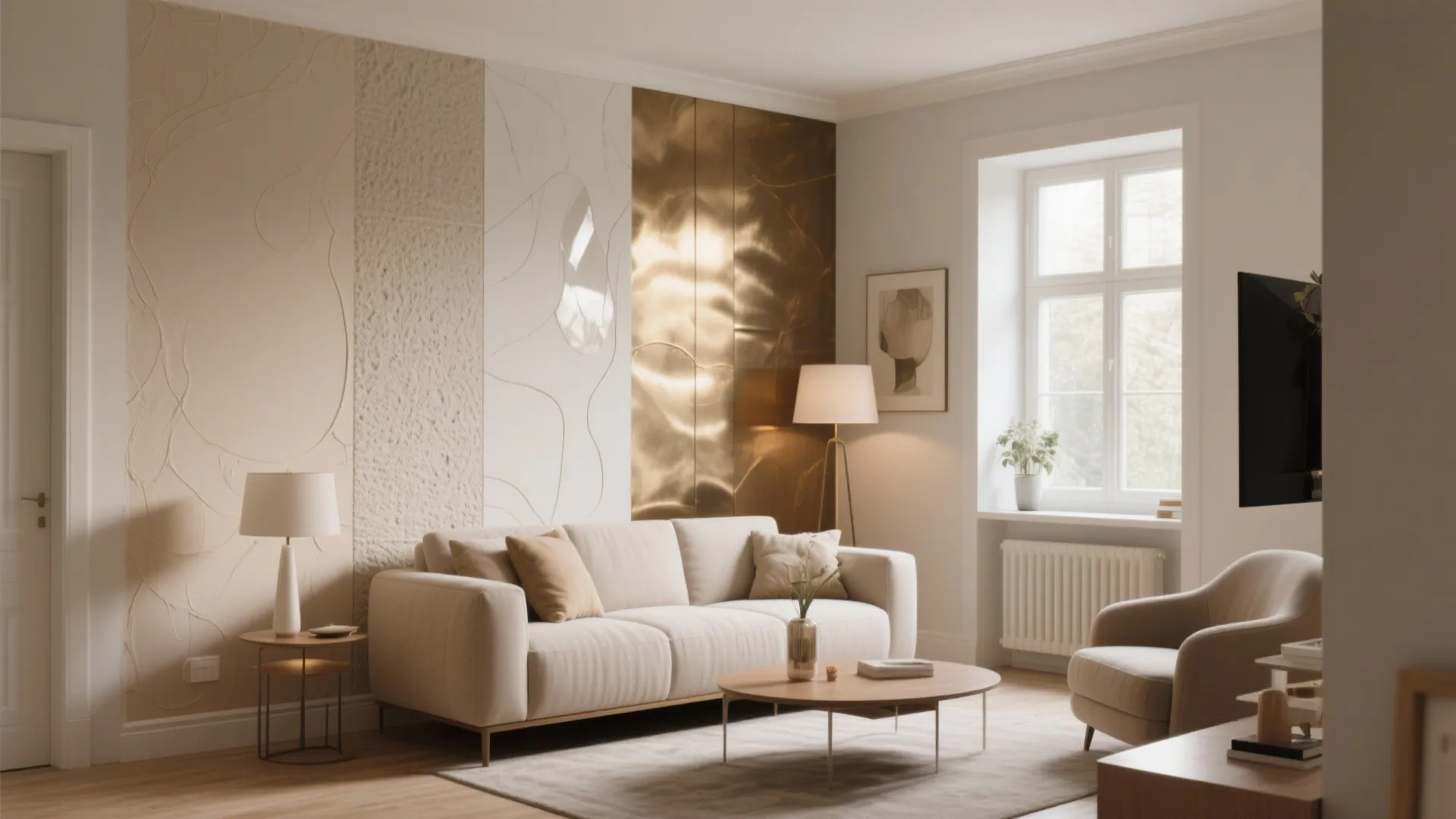 Elegant living room with textured wall putty designs gold panels cream sofa and wooden table