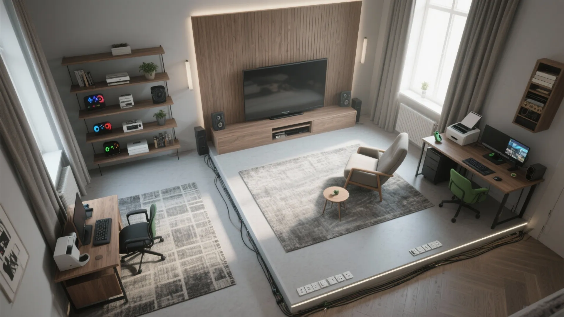 Modern multipurpose room featuring a home office area with two desks and a television zone