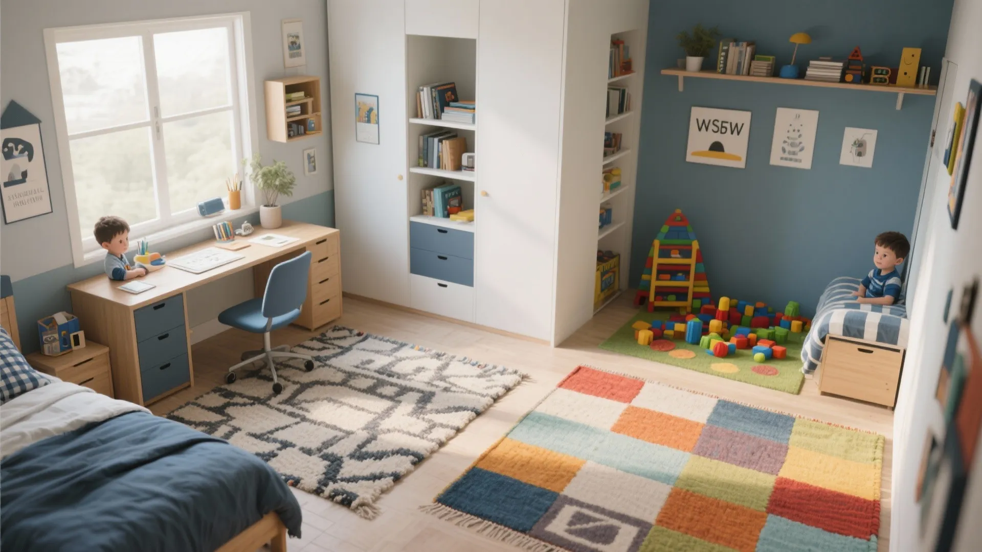 Colorful kids bedroom featuring wooden desk blue chair white wardrobe patterned rugs and natural light
