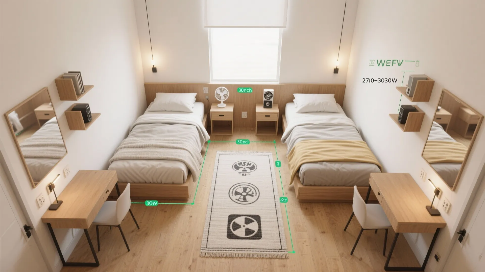 Top down view of shared bedroom showing two beds wooden desks and green measurement lines