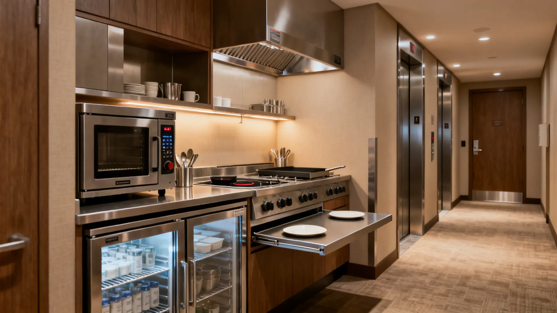 Small hotel kitchen area with microwave oven stove fridge and hallway view next to silver elevators