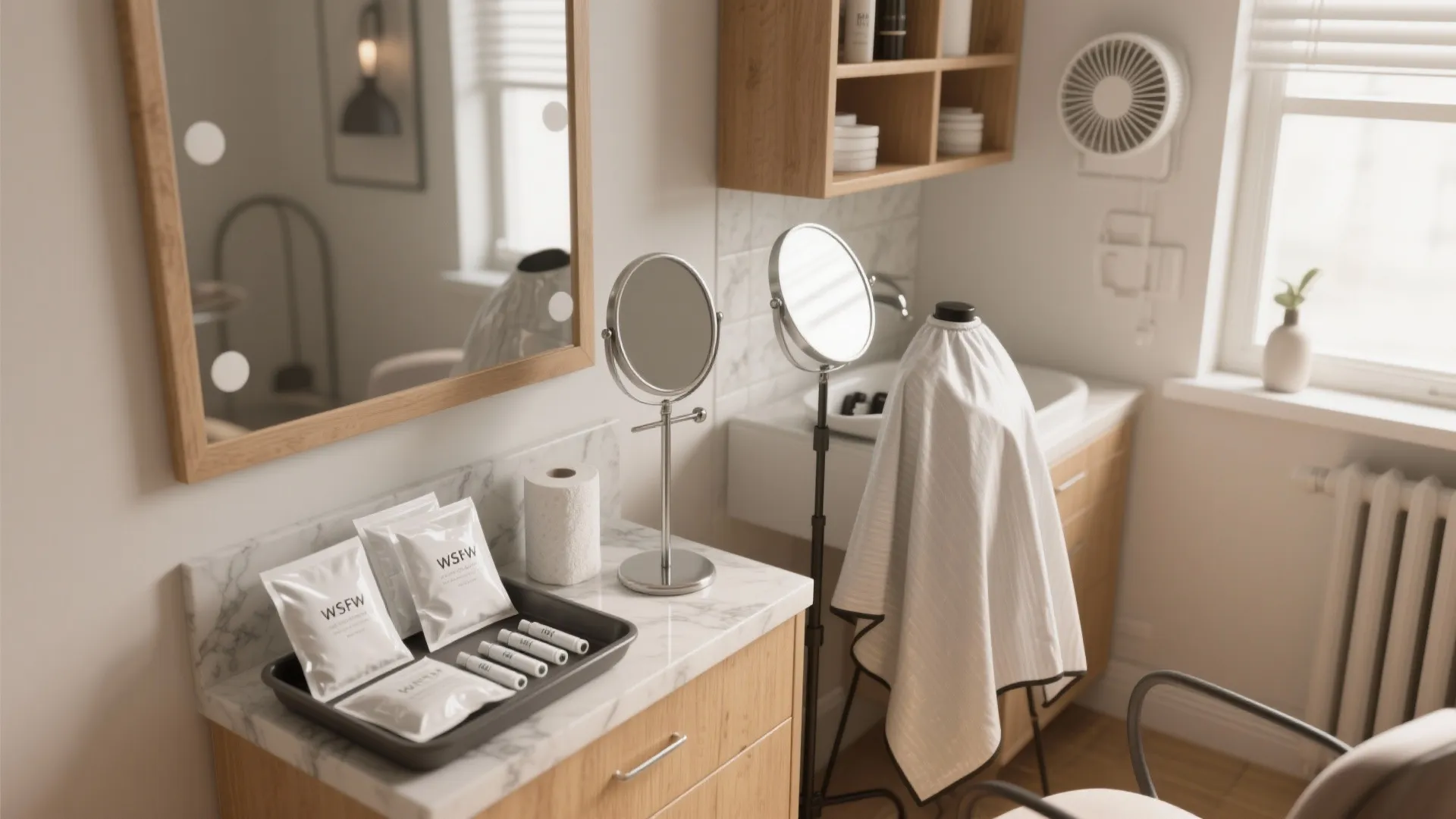 Professional hair touch up station with marble top cabinet mirror cape and hair care products