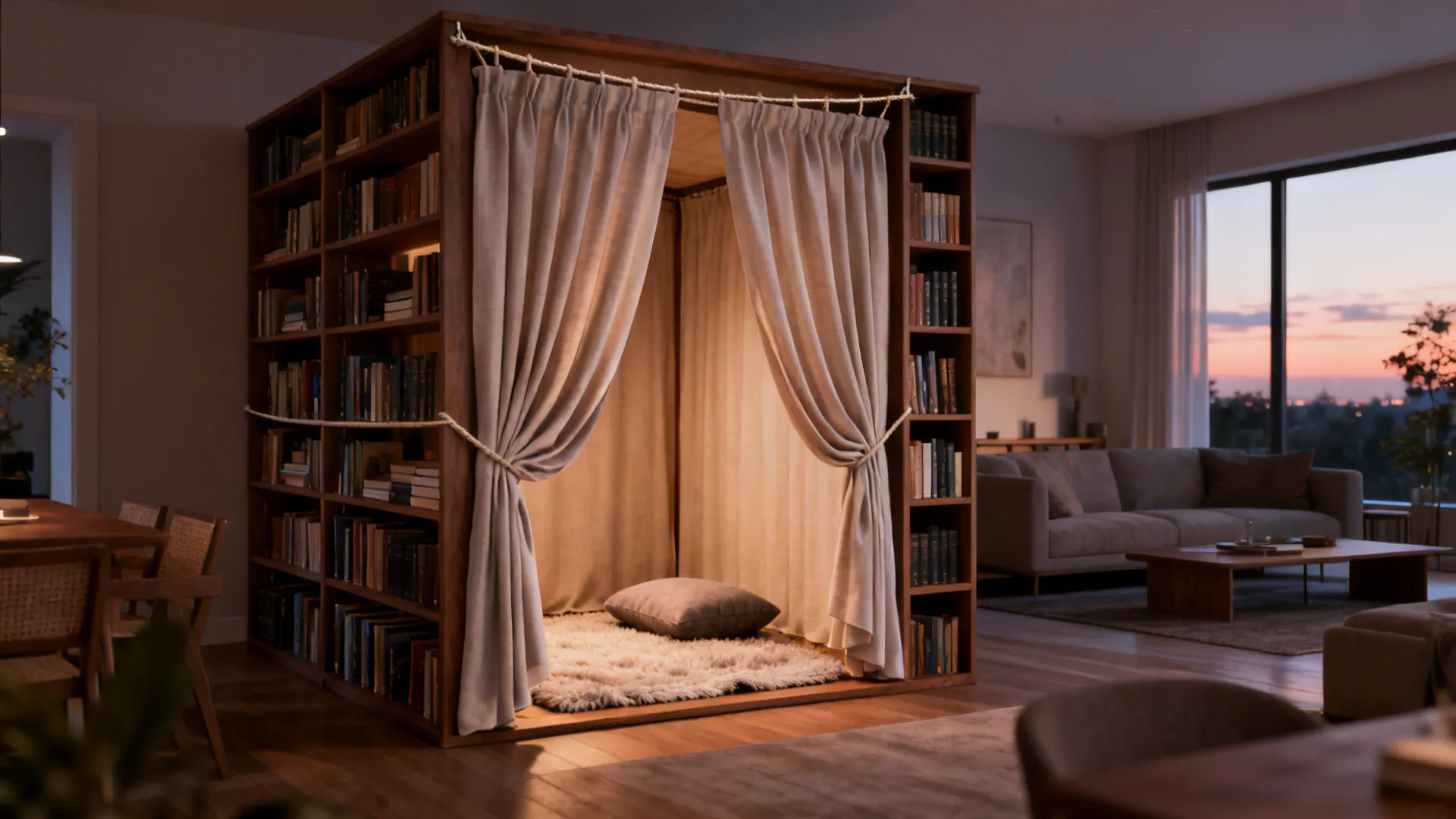 Cozy reading nook inside a wooden bookshelf with beige curtains rug and a grey pillow