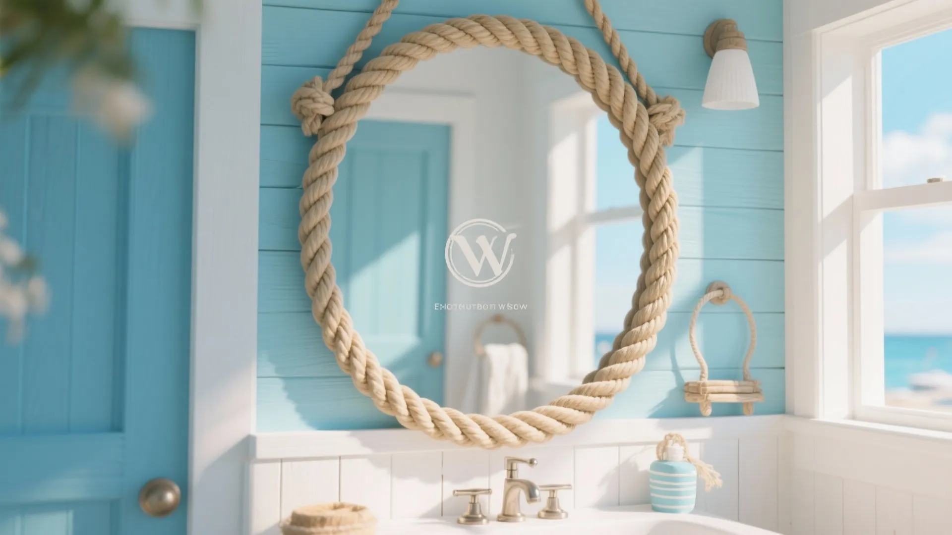 Round mirror with rope frame on blue wood walls in bright coastal themed bathroom with sink