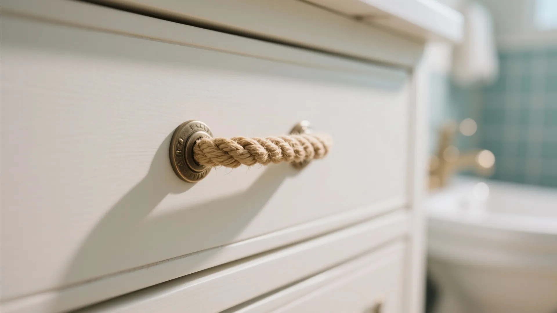 White drawer featuring a nautical rope handle with brass metal mounts in a bright bathroom