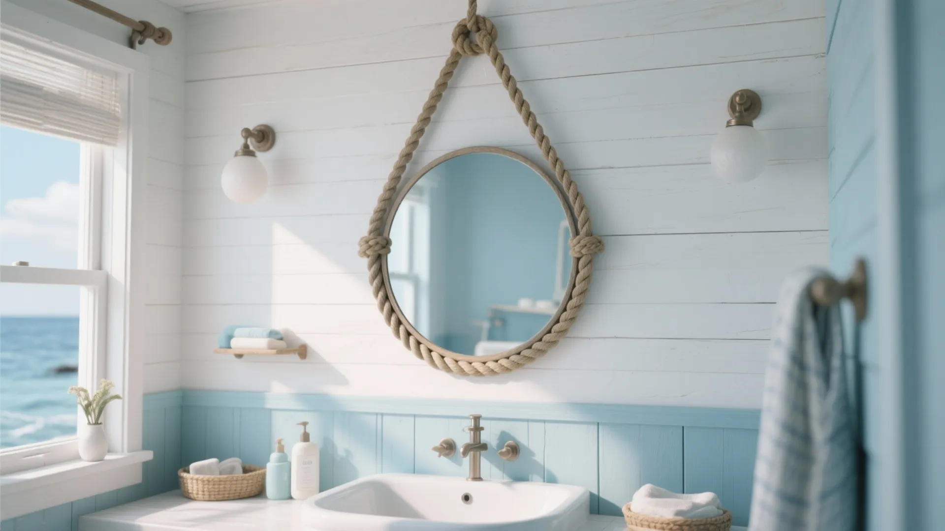 Coastal bathroom featuring a round mirror with rope hanging on white and blue wall panel