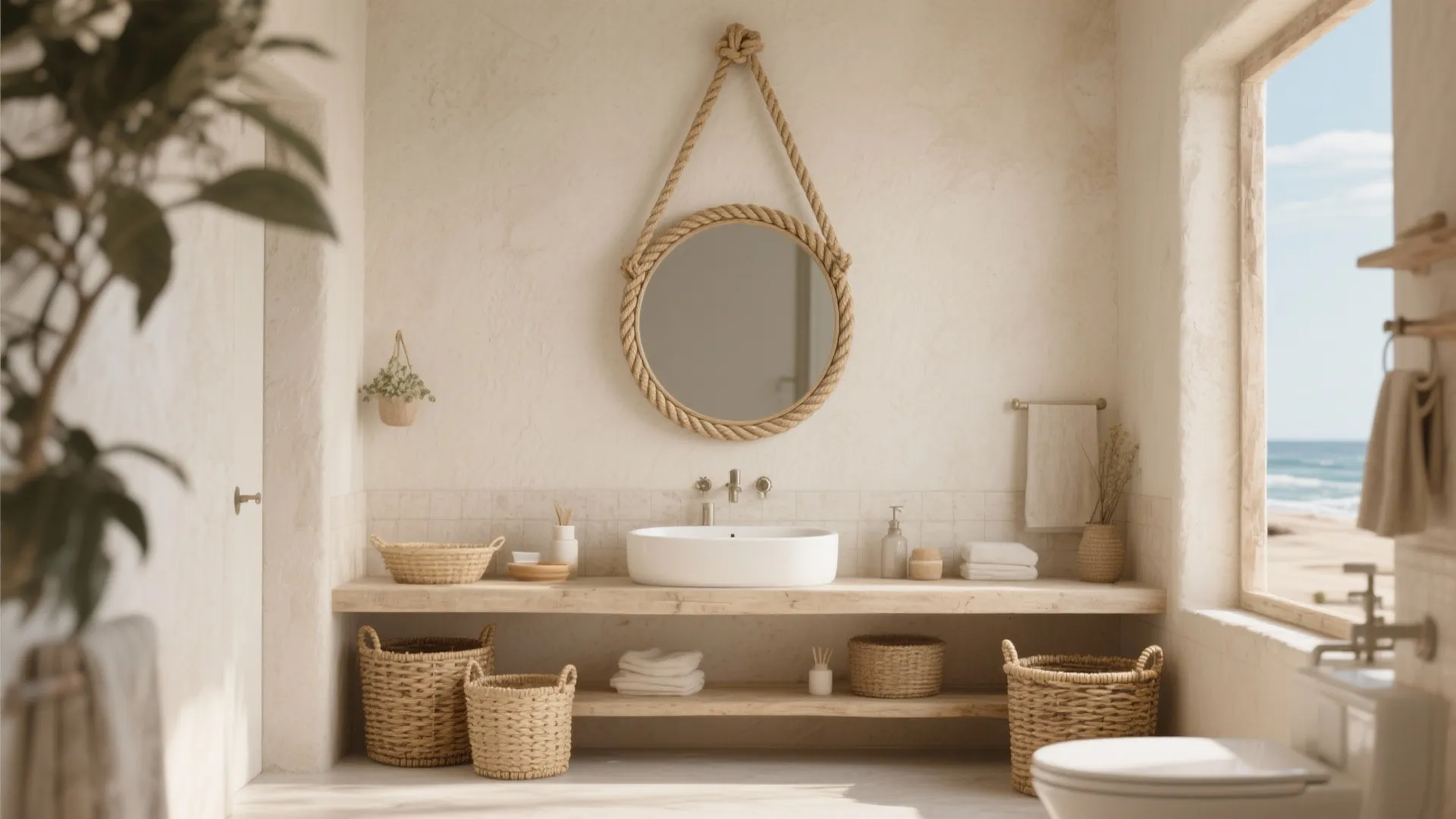 Round coastal mirror suspended with thick jute rope in bathroom