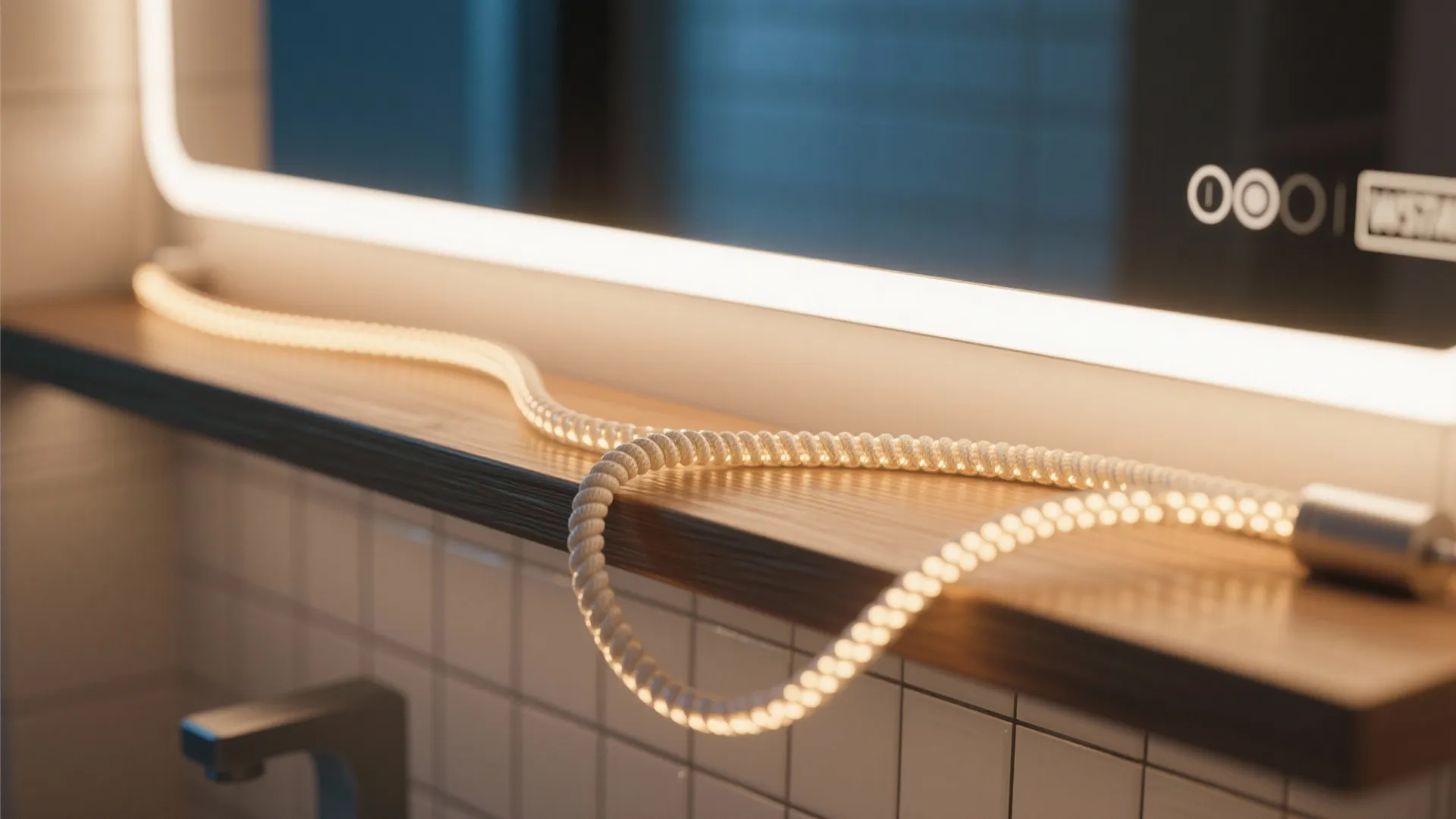 Flexible rope light on wooden shelf with white wall tiles and lighted mirror in bathroom