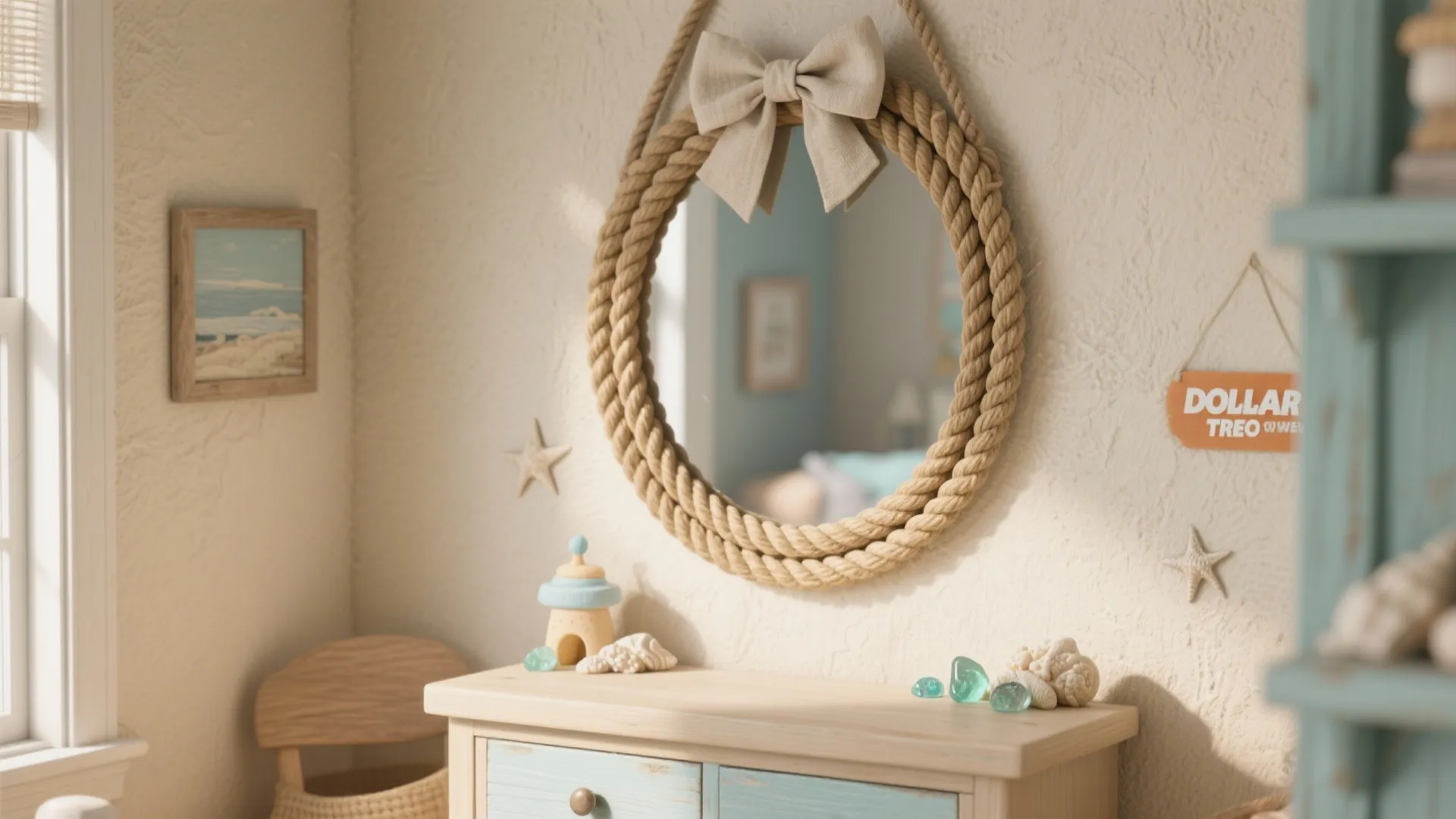 Round mirror with rope frame and bow hanging on a wall above wooden storage cabinet