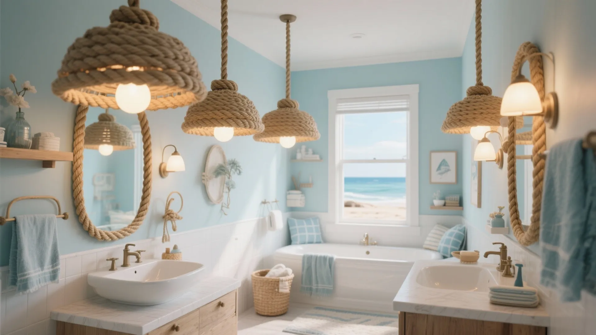 Coastal bathroom with light blue walls three rope ceiling lights and white bathtub near window