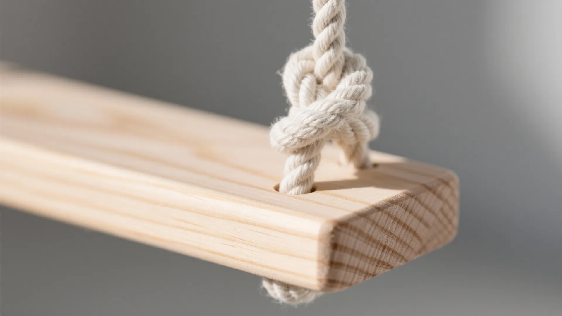 Close-up view of a light wooden swing board with a thick rope knot and grain