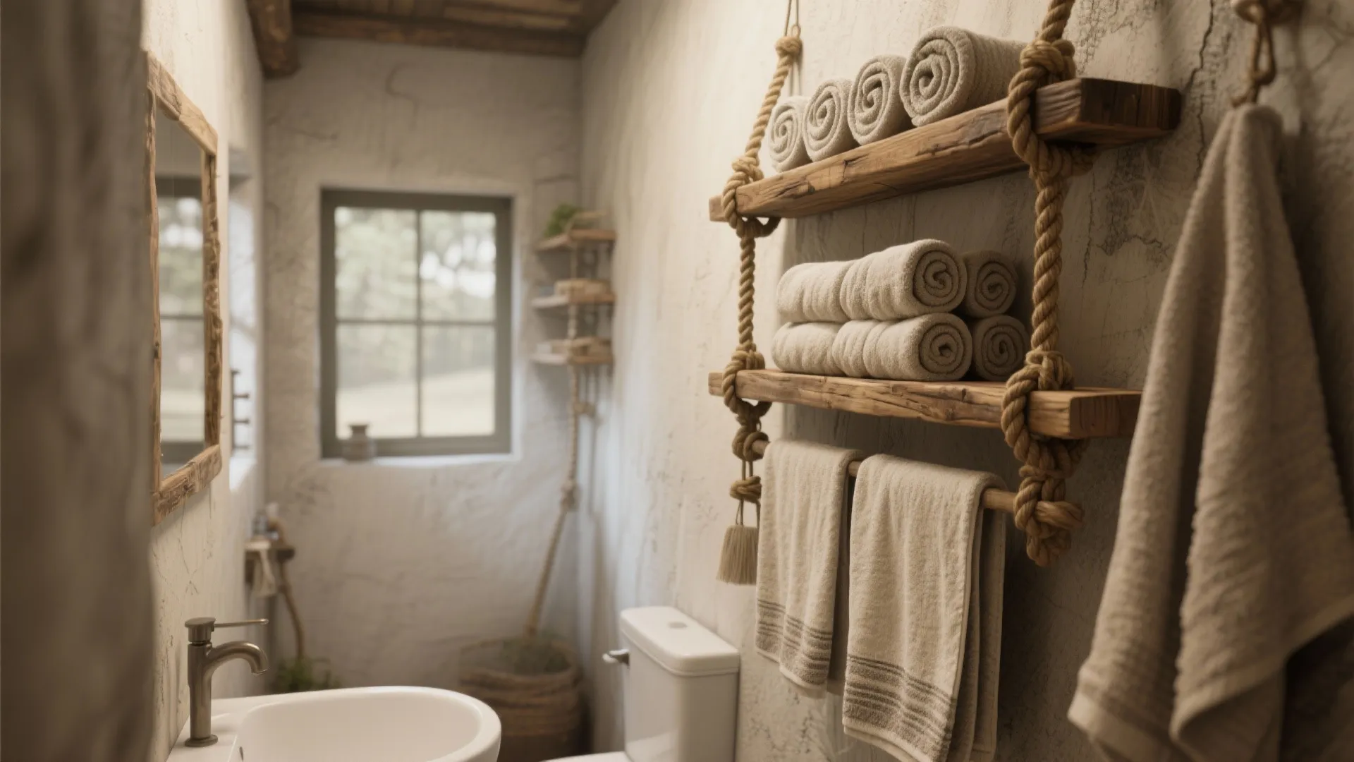 Rustic bathroom design with wooden shelves hanging by ropes holding many neatly rolled beige towels