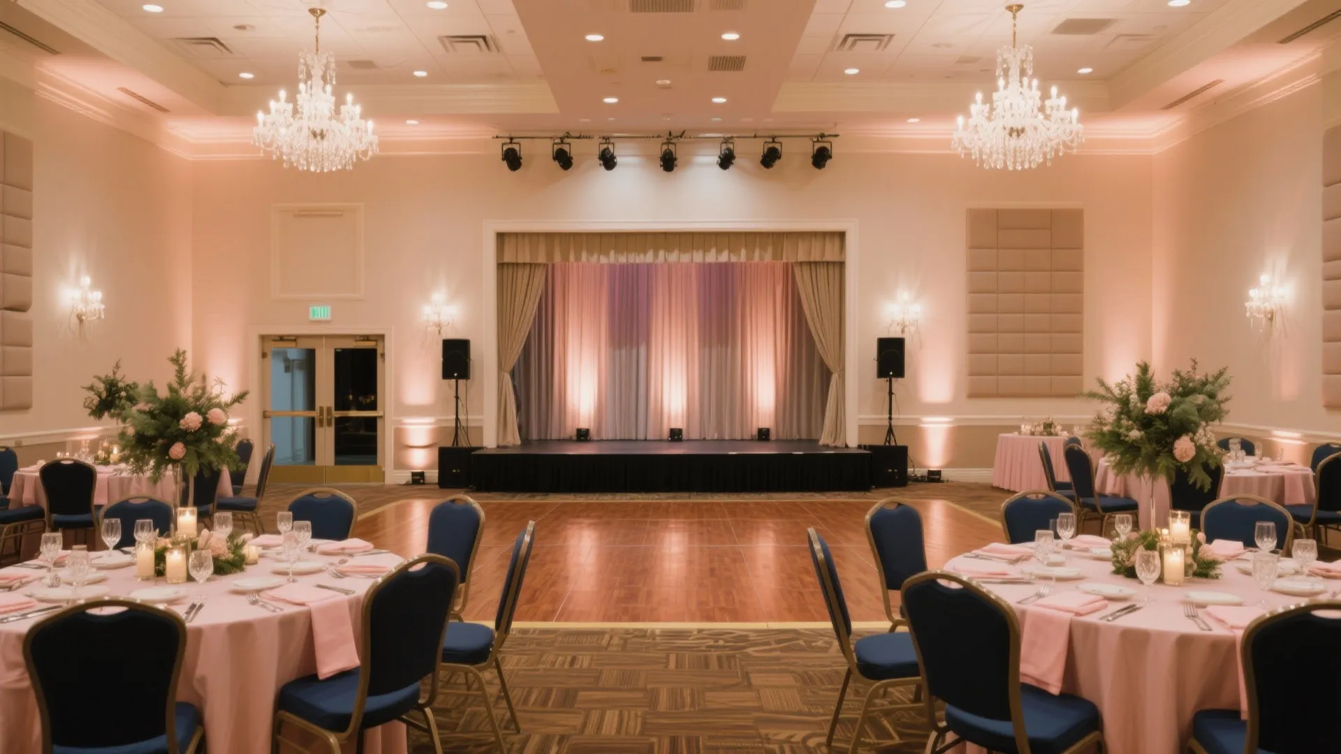 Banquet hall featuring pink tables blue chairs wood dance floor stage and decorative ceiling lights