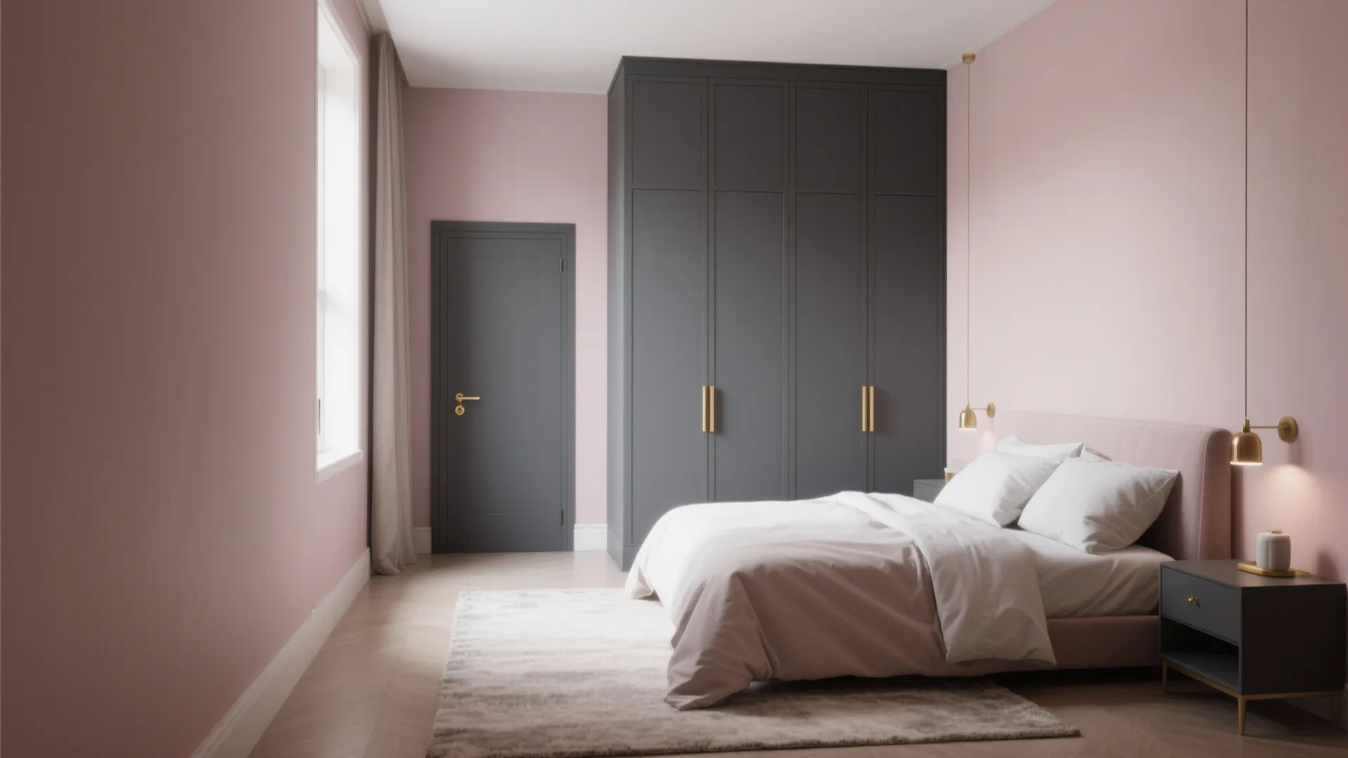 Modern bedroom with pink walls charcoal grey cabinet dark door white bedding and gold wall light
