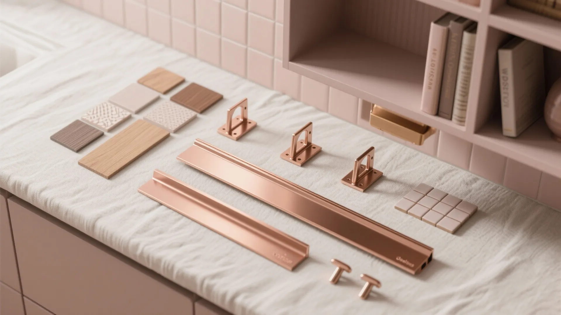 Rose gold drawer handles and cabinet pulls with wood tiles plus pink ceramic wall tile samples
