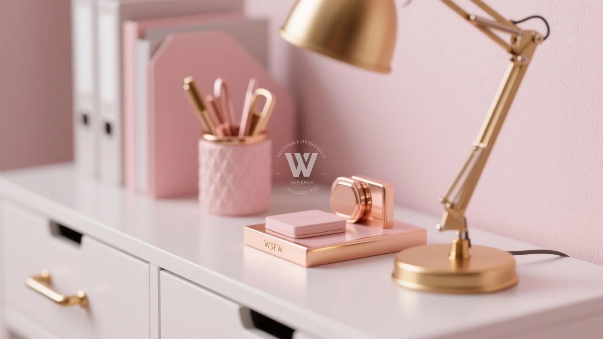 Close up of gold desk lamp and pink stationery on white cabinet in bright room