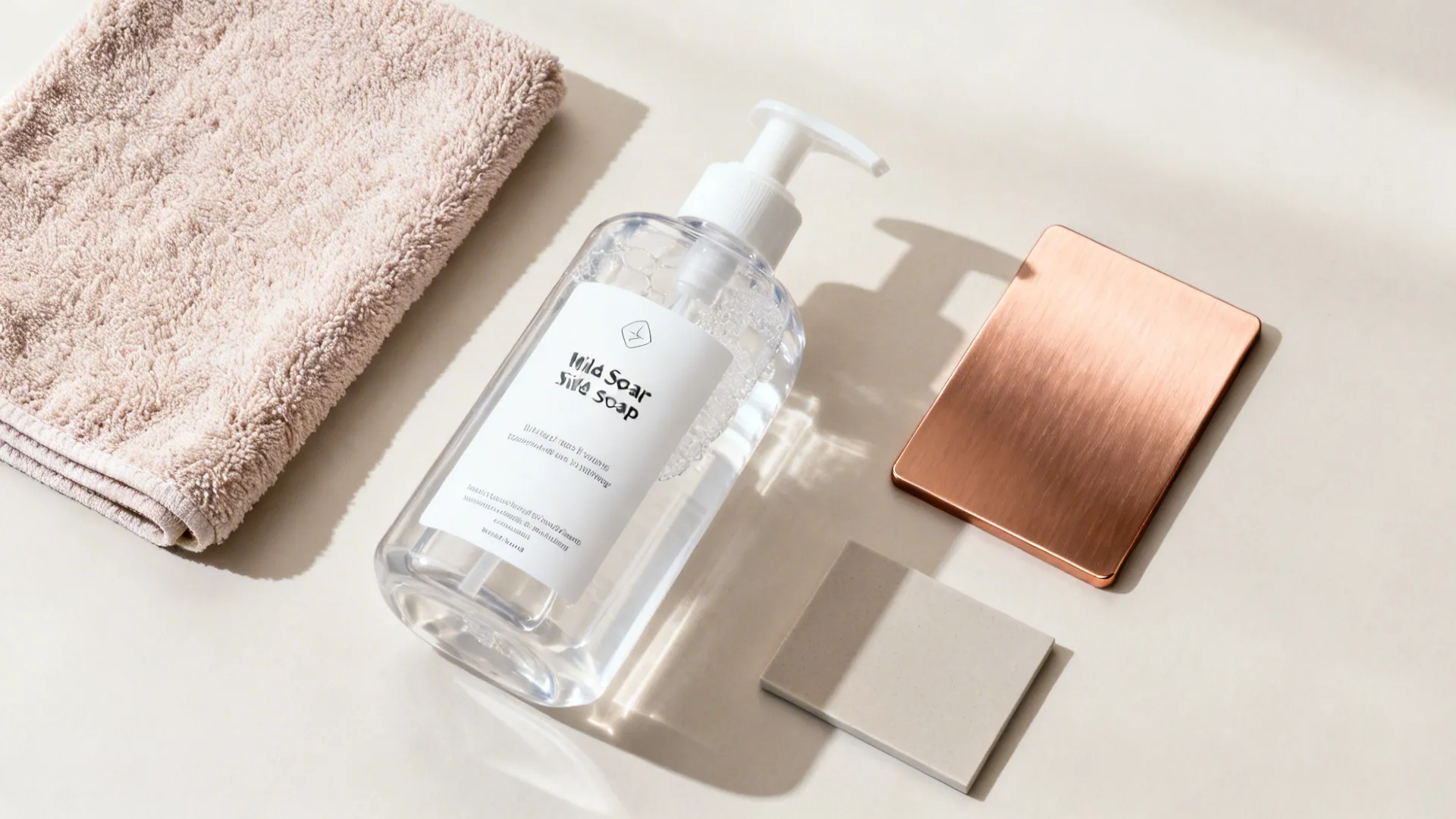 Flat lay with microfiber cloth, mild soap, and brushed rose gold finish sample on a neutral background.