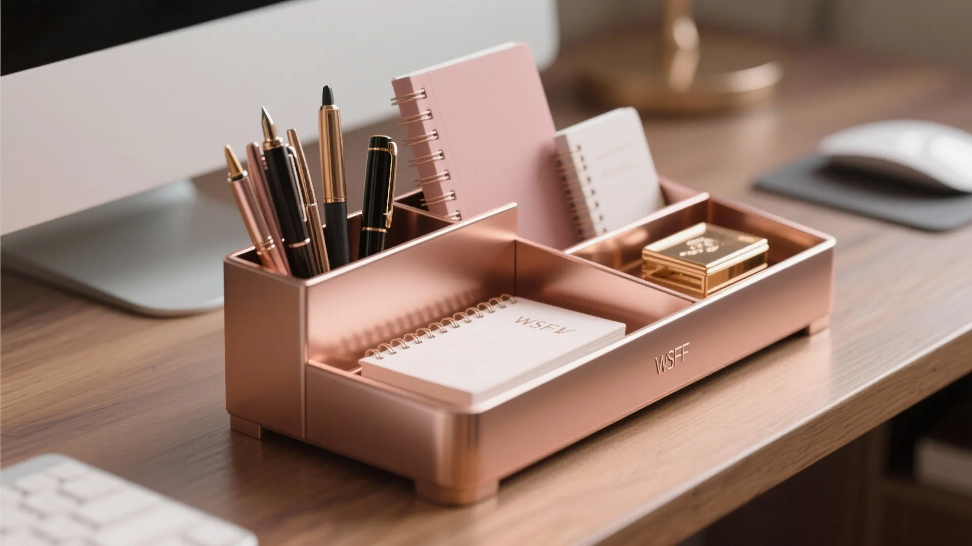 Rose gold desk organizer with pens and pink notebooks on a wooden table with monitor