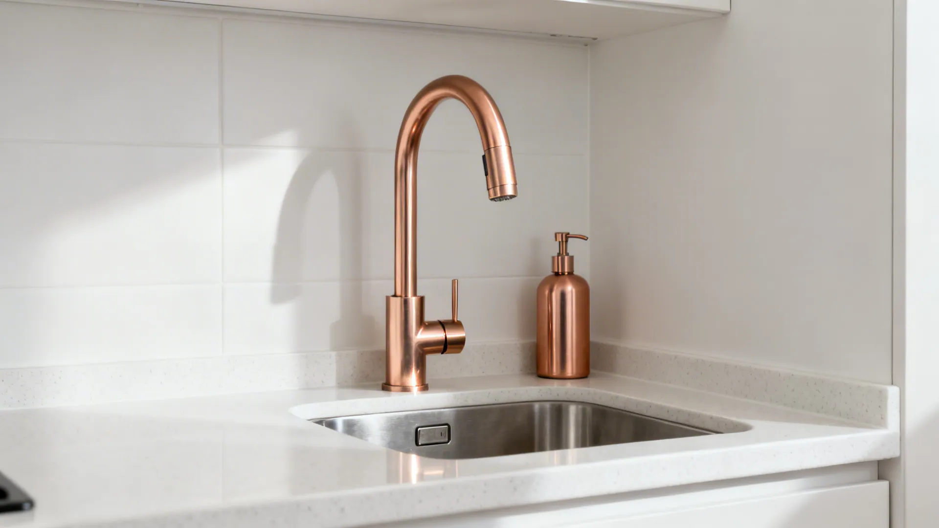 Compact sink focal point with brushed rose gold pull-down faucet against a matte white backsplash.
