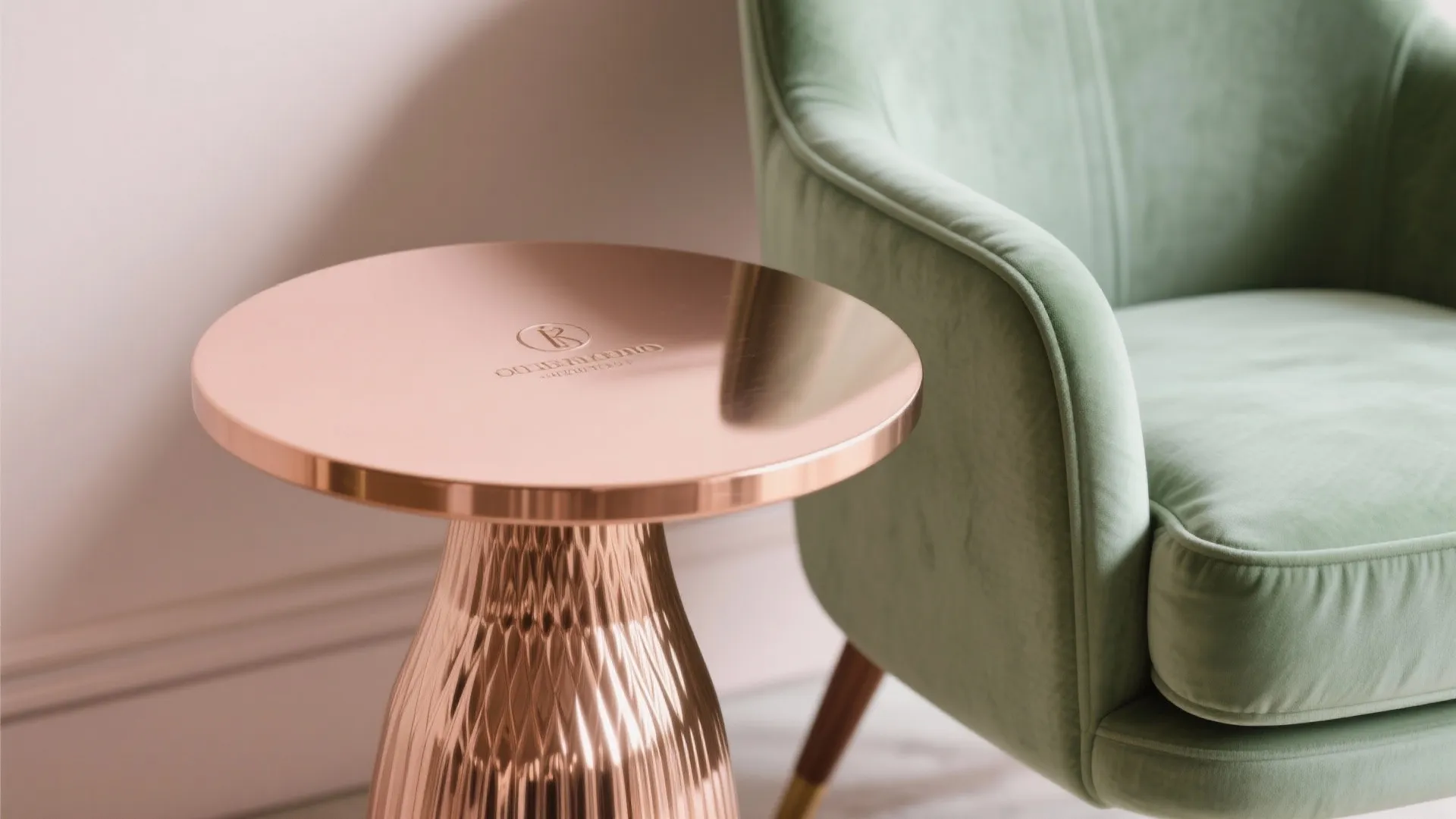 Modern rose gold side table placed next to a soft green velvet armchair in sunlight