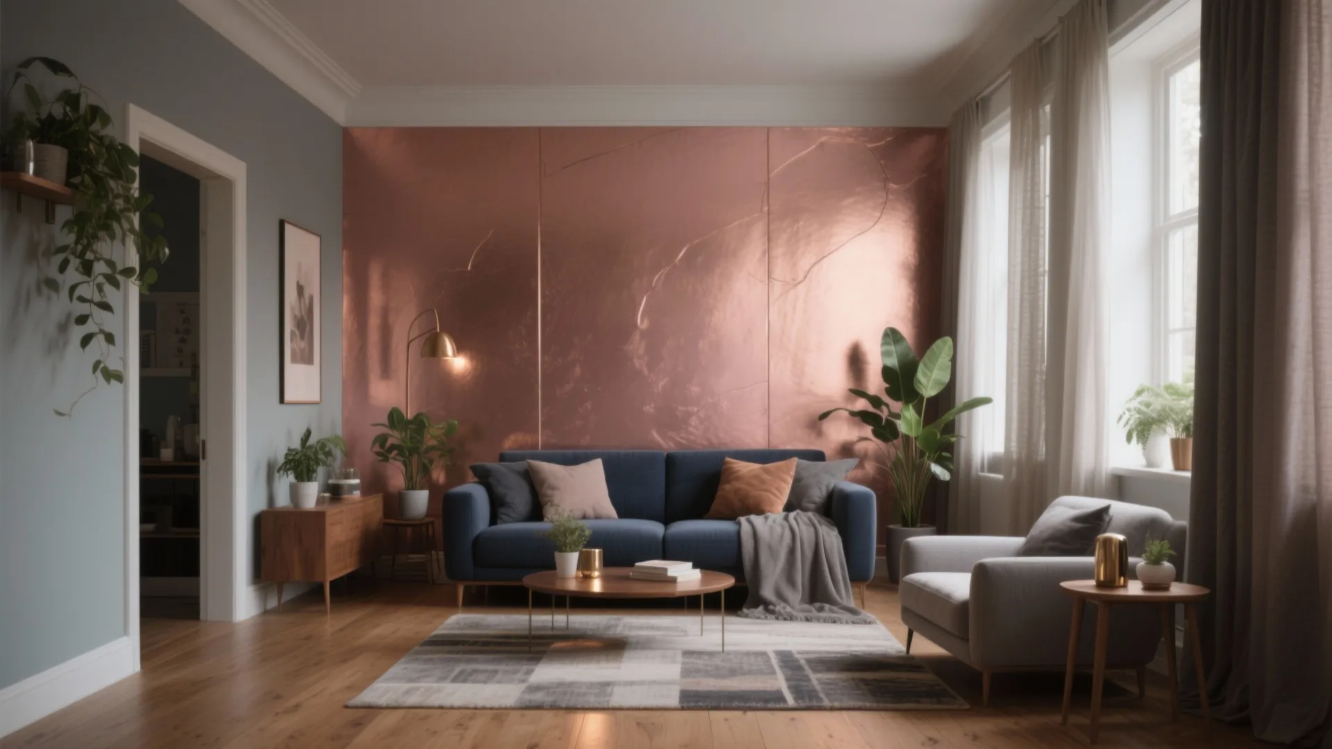 Living room with a blue sofa placed against a textured metallic rose gold feature wall